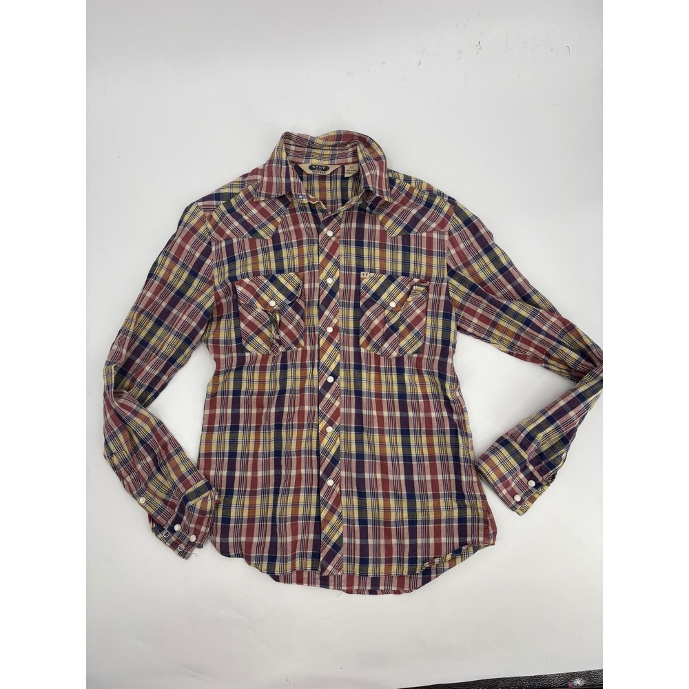 Salt Valley Western Womens XS Plaid Snap Button Down Shirt Red Yellow Blue